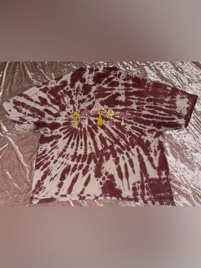 Fifth Sun Maroon & Cream Tie-Dye Tee with Colorful Mushroom Graphic